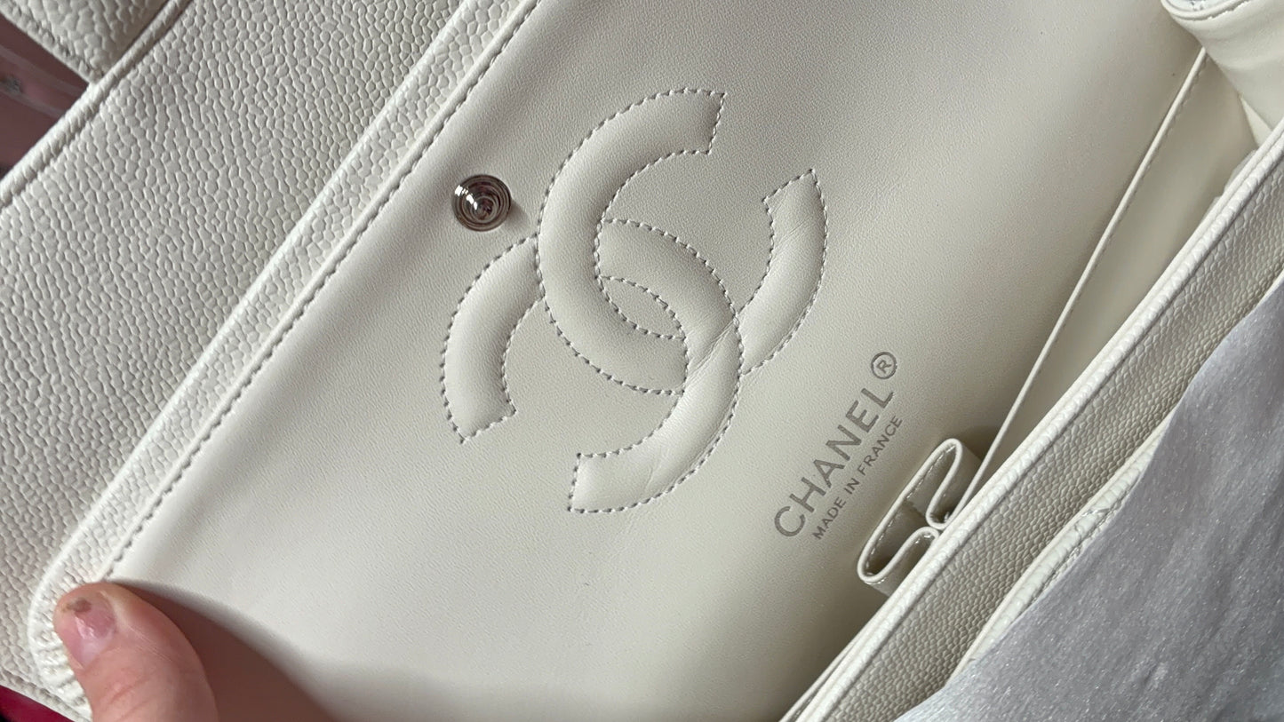 Chanel Classic Flap Bag – White Caviar Leather with Silver Hardware
