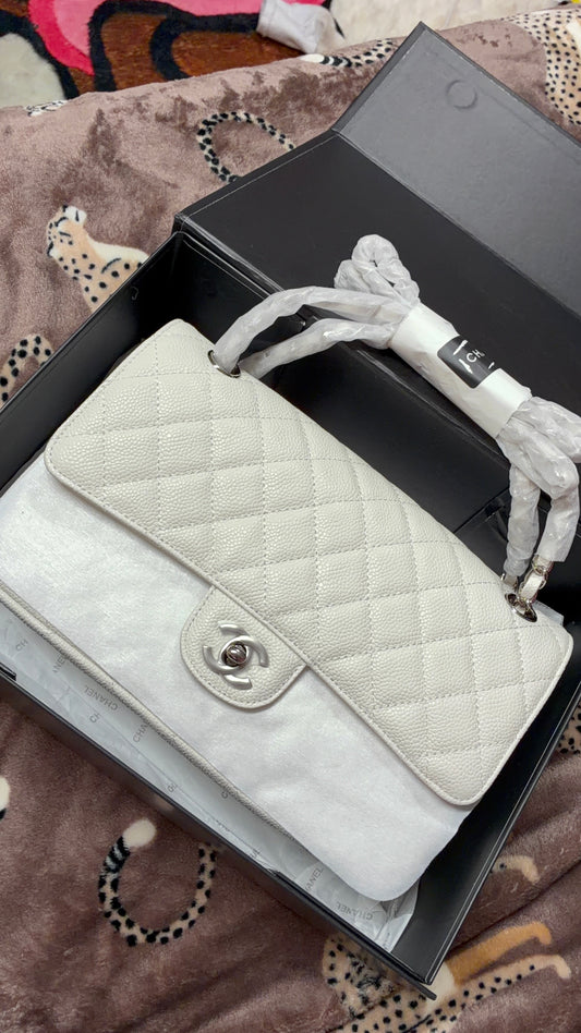 Chanel Classic Flap Bag – White Caviar Leather with Silver Hardware