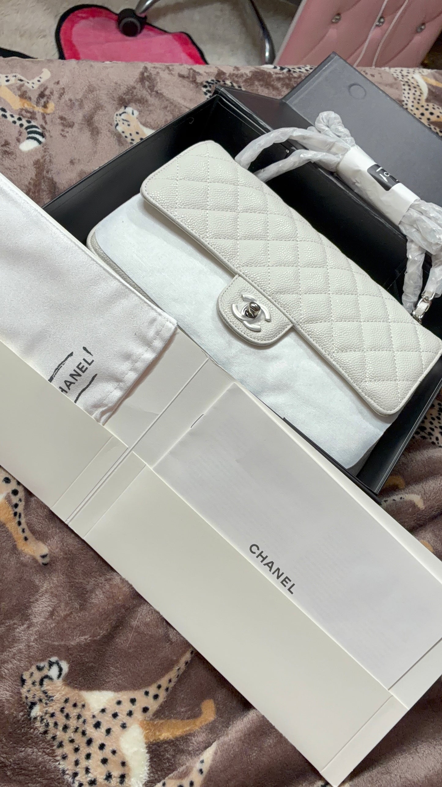 Chanel Classic Flap Bag – White Caviar Leather with Silver Hardware
